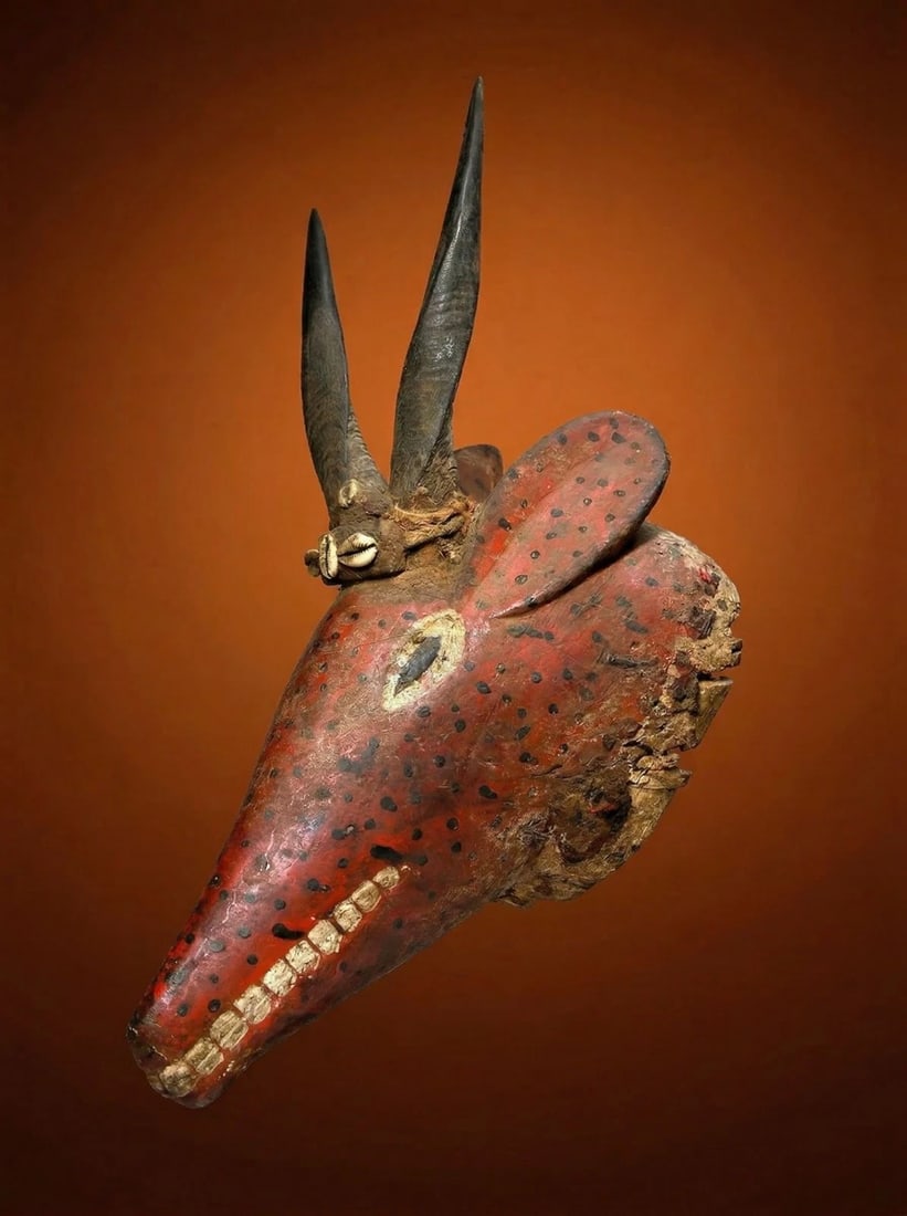 A Bozo Antelope Dance Crest: A carved wooden antelope or deer dance crest with painted designs, antelope horns attached and embellished with cowrie shells and some textiles. This sculpture has obvious age and field use as a cerem