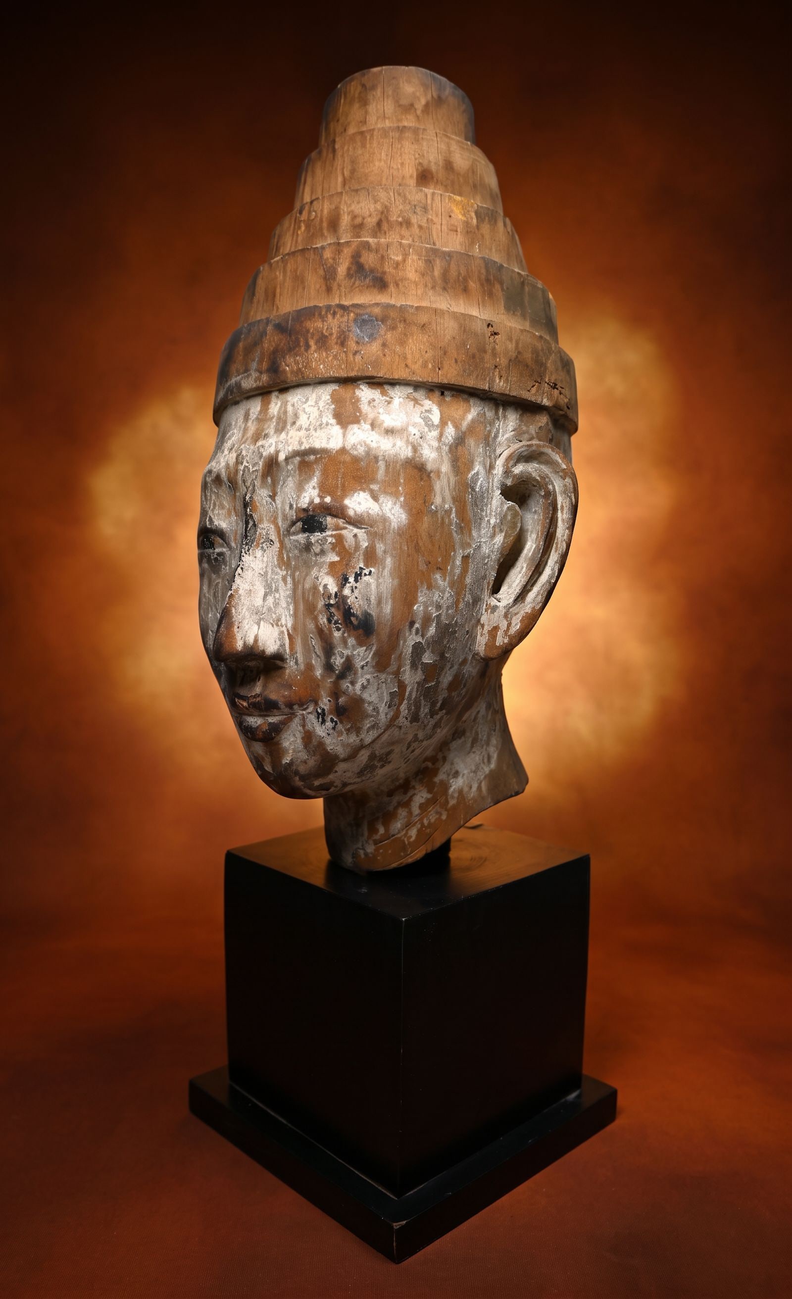 Large Antique Burmese Marionette Head: This is a large antique, near life size head sculpture most likely from a life size marionette. The carved wooden head painted with white pigments and featuring life like realistic facial features and