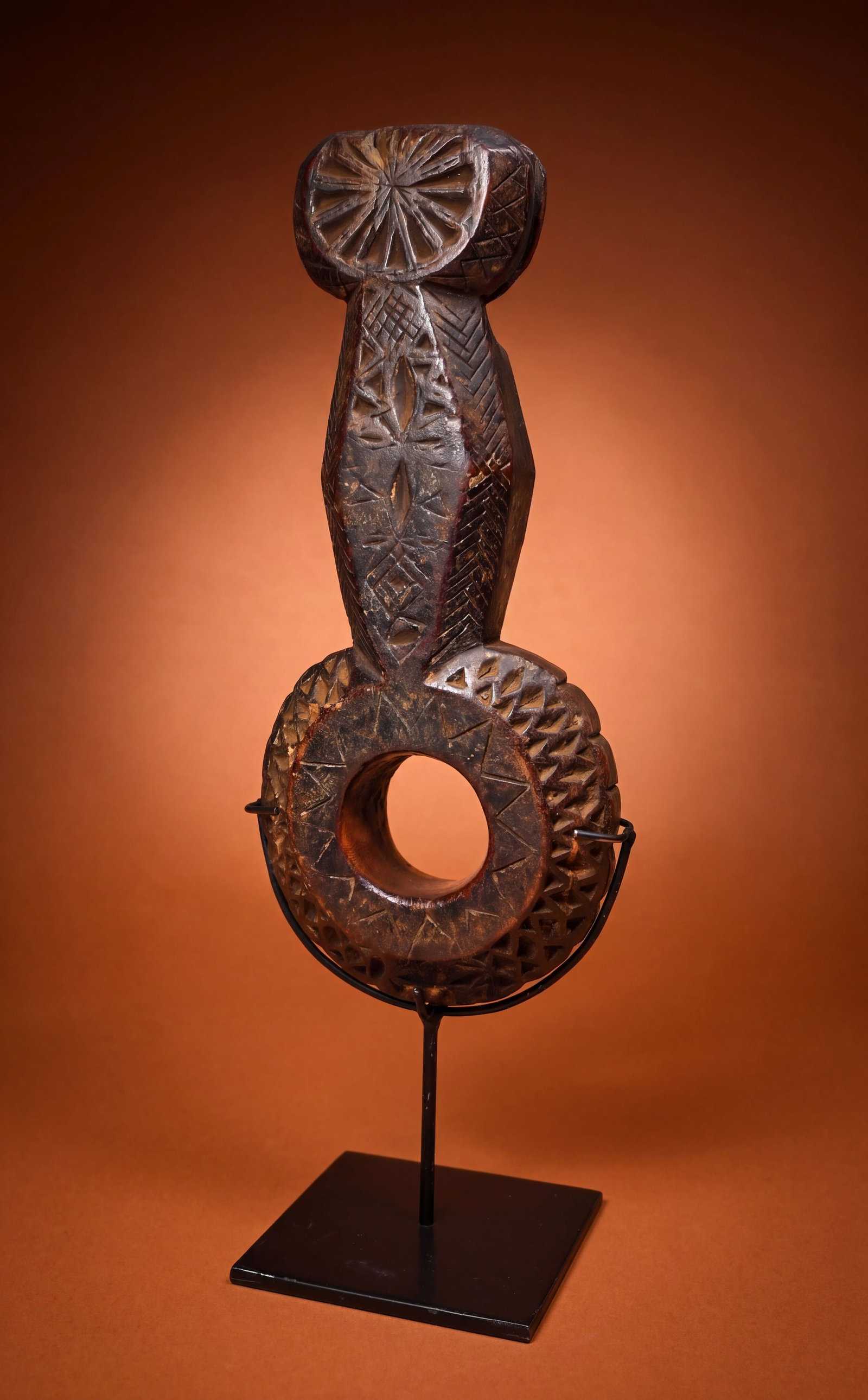 Antique Butter Churn from Nepal: A very fine old Ghurra or Butter churn handle with wonderful form and incised linear designs in a sunburst pattern. The Ghurra measures 14.5 inches tall x 5 inches wide on a professional custom mount 