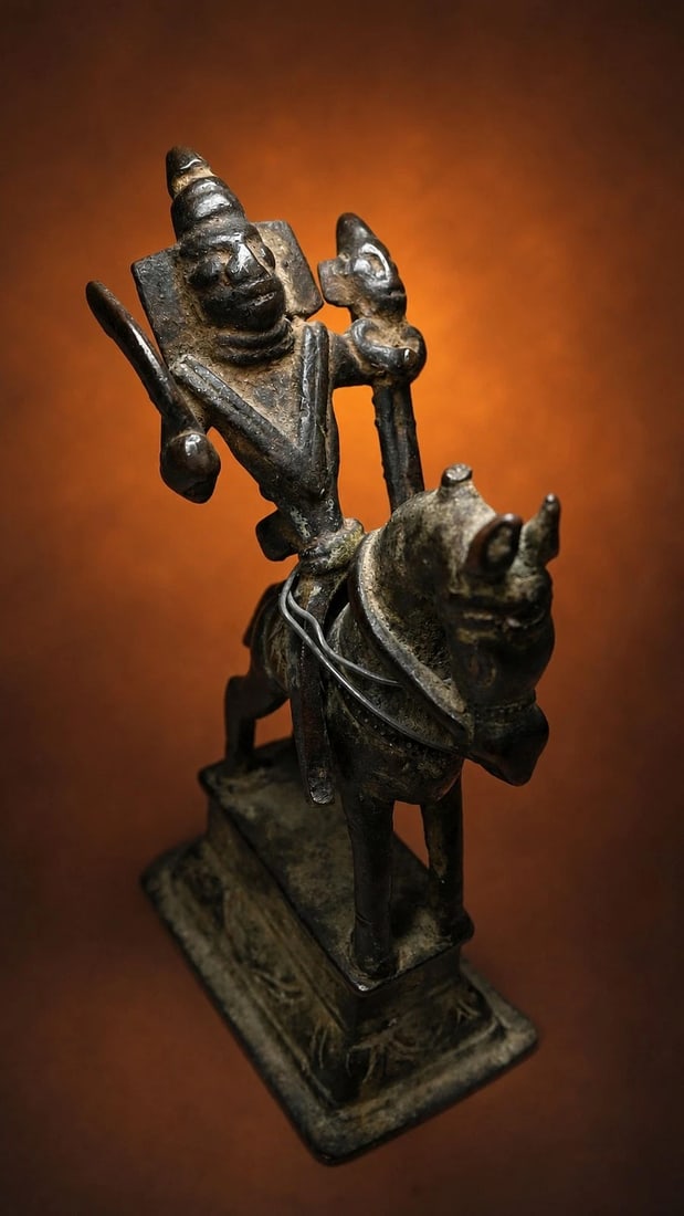 Antique Equestrian Bronze Sculpture from India: A very old, possibly 19th century bronze equestrian sculpture of a horse and rider. The rider carries a staff with a face on it in one hand and a sword in the other hand. The sculpture has weathering 