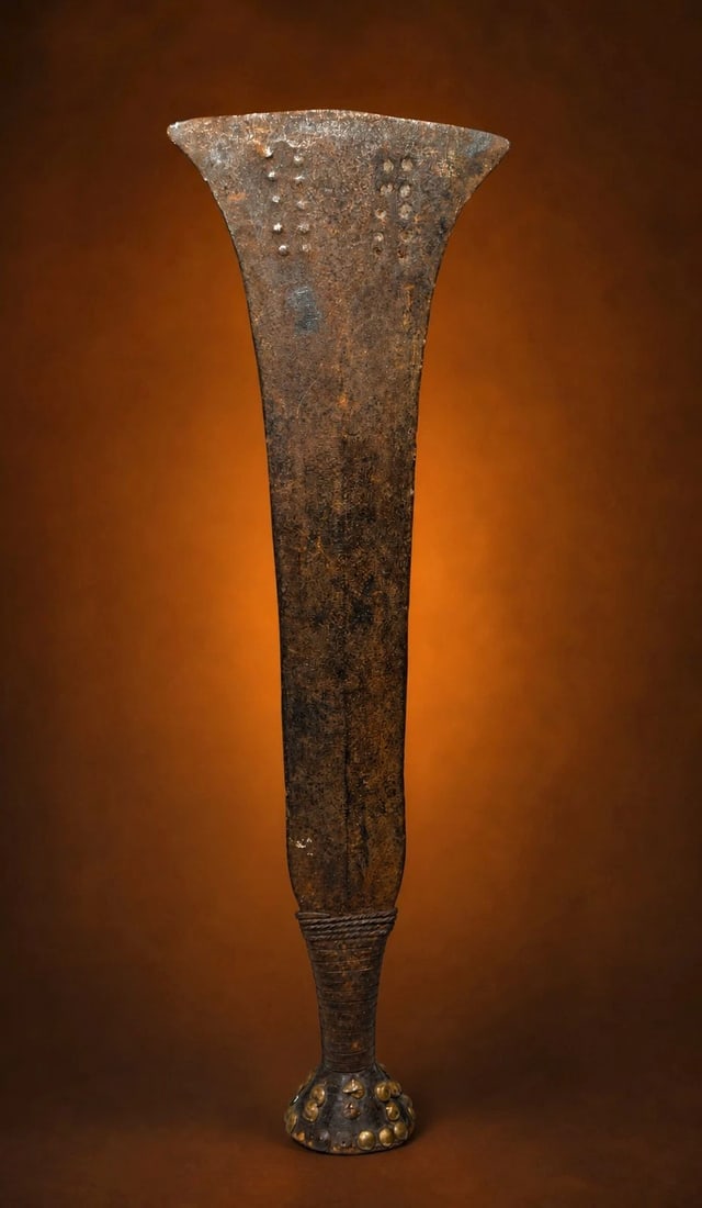 A Konda Short Sword: A very old hand forged iron sword with incised metal work accented with metal tacks on wooden handle. The sword measures 17.5 inches long x 5.5 inches. Ekonda / Konda or related ethnic group, Angola