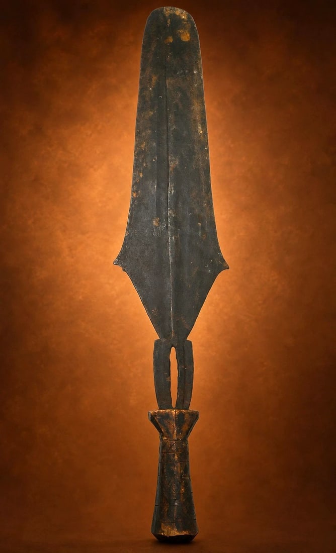 A Konda Short Sword: A very old hand forged iron sword with incised metal work accented with well worn wooden handle. The sword measures 24.5 inches long x 5 inches. Ekonda / Konda or related ethnic group, Angola or