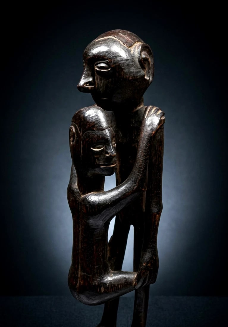 A Asmat Maternity Sculpture: Carved from a heavy dense wood ( iron wood?) in an openwork design of Ancestor holding a child, perhaps to symbolize family lineage. Asmat peoples, Mid 20th century. The sculpture measures 21.5 inches