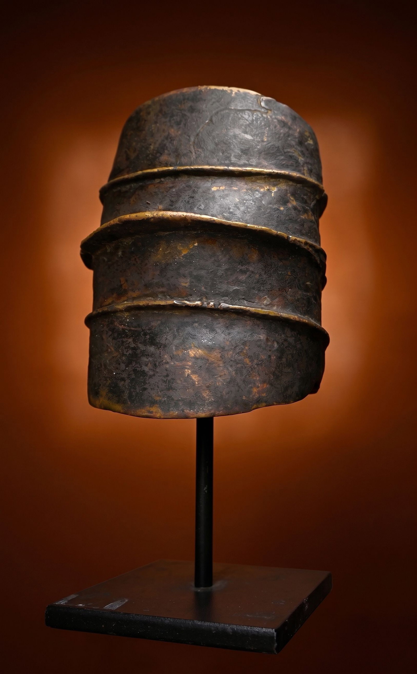 Antique Ekonda Currency Anklet on Display Stand.: This is an antique Konda or Currency form, in the shape of an anklet that could have been worn as well. The use of imported copper alloy manillas as currency or units of trade in Africa dates back at 