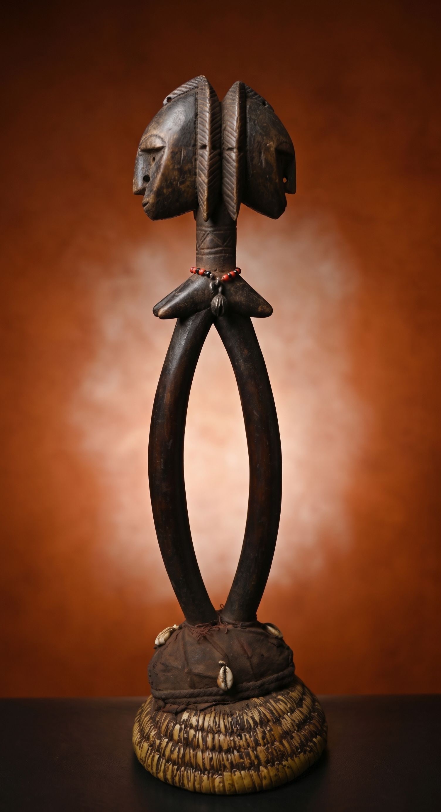 Bamana Dance Cap with Janus Females: A carved wooden finial and basketry cap, perhaps it was to be part of the Chiwara agricultural festivals featuring a pair of females set into a stylized janus form. Bambara peoples, Mali, West Africa.