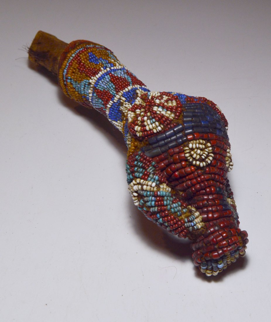 Old Bamileke Beaded Elephant Fly whisk African Art: Stunning antique beaded fly whisk handle in the form of a Elephant, from the Bamileke / Bamun peoples of Cameroon, Africa. The entire fly whisk is here, however the animal tail hair has long ago worn 