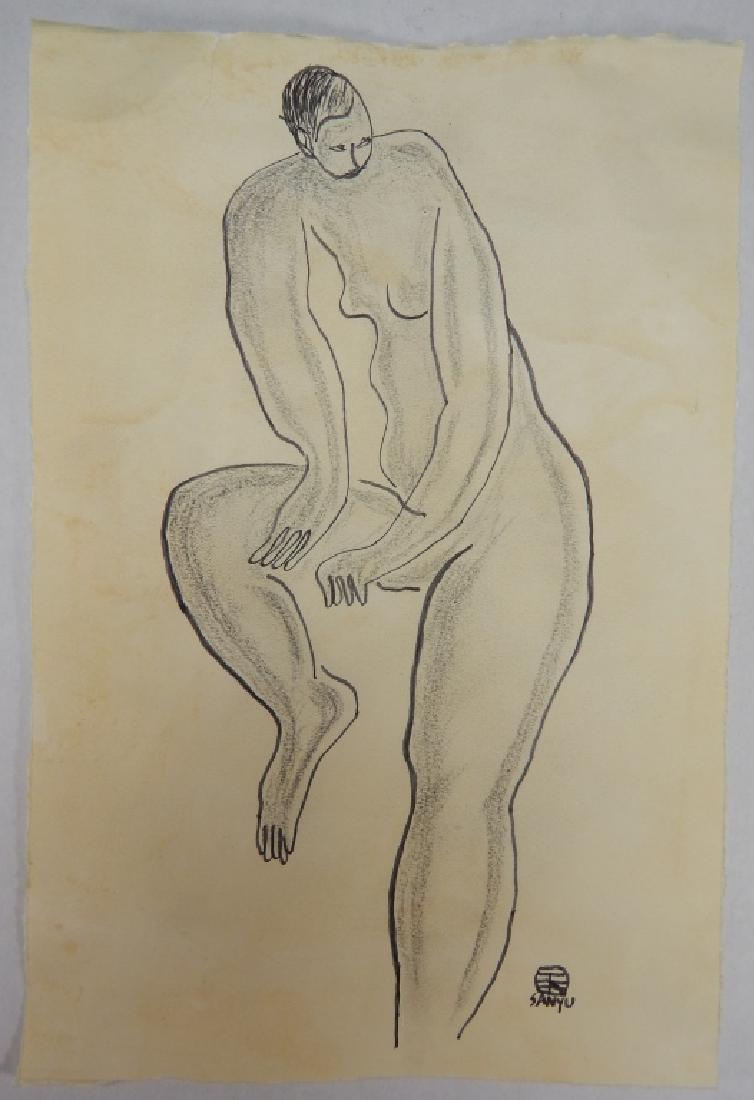SIGNED INK SKETCH OF WOMEN ON PAPER: (Attr) Sanyu (San Yu or Chang Yu) (1901â€“1966) ink and charcoal on paper. Sketch of a nude women. Signed and marked to bottom. Measures 11" height by 7 1/4" width. Provenance: This piece was con
