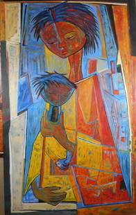 ANGEL BOTELLO (PUERTO RICO, 1913-1986) PAINTING: ANGEL BOTELLO (PUERTO RICO, 1913-1986) HAND PAINTED ACRYLIC PAINTING ON CANVAS DEPICTING "MOTHER AND CHILD". SIGNED TO LOWER LEFT. MEASURES 48" HEIGHT BY 30" WIDTH. ATTRIBUTED TO THE ARTIST. PROVENANC