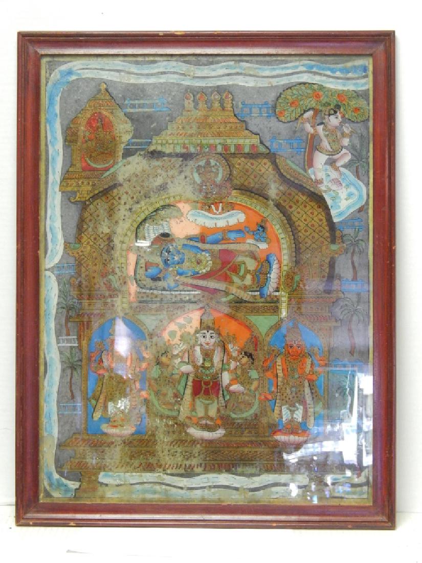 THAI ANTIQUE REVERSE PAINTING: THAI ANTIQUE REVERSE PAINTING. MEASURES 26" H BY 20" W (INCLUDING FRAME.