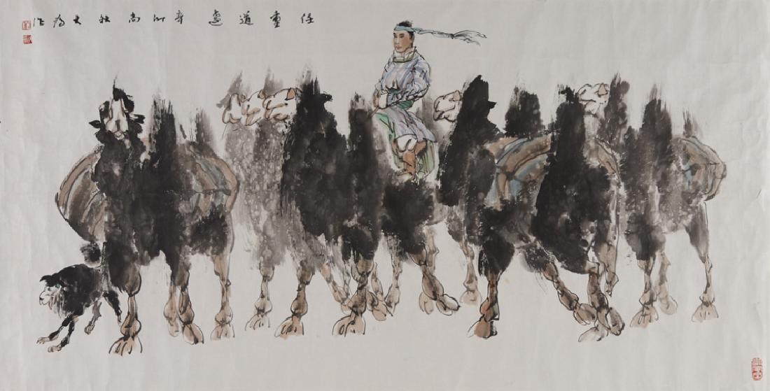 LIU DAWEI (CHINESE,B.1945) INK AND COLOR PAINTING: Liu Dawei ink and color paining on paper depicticting image of a camel dated 2011. Measures 28" height by 54" width (70 by 136 cm).