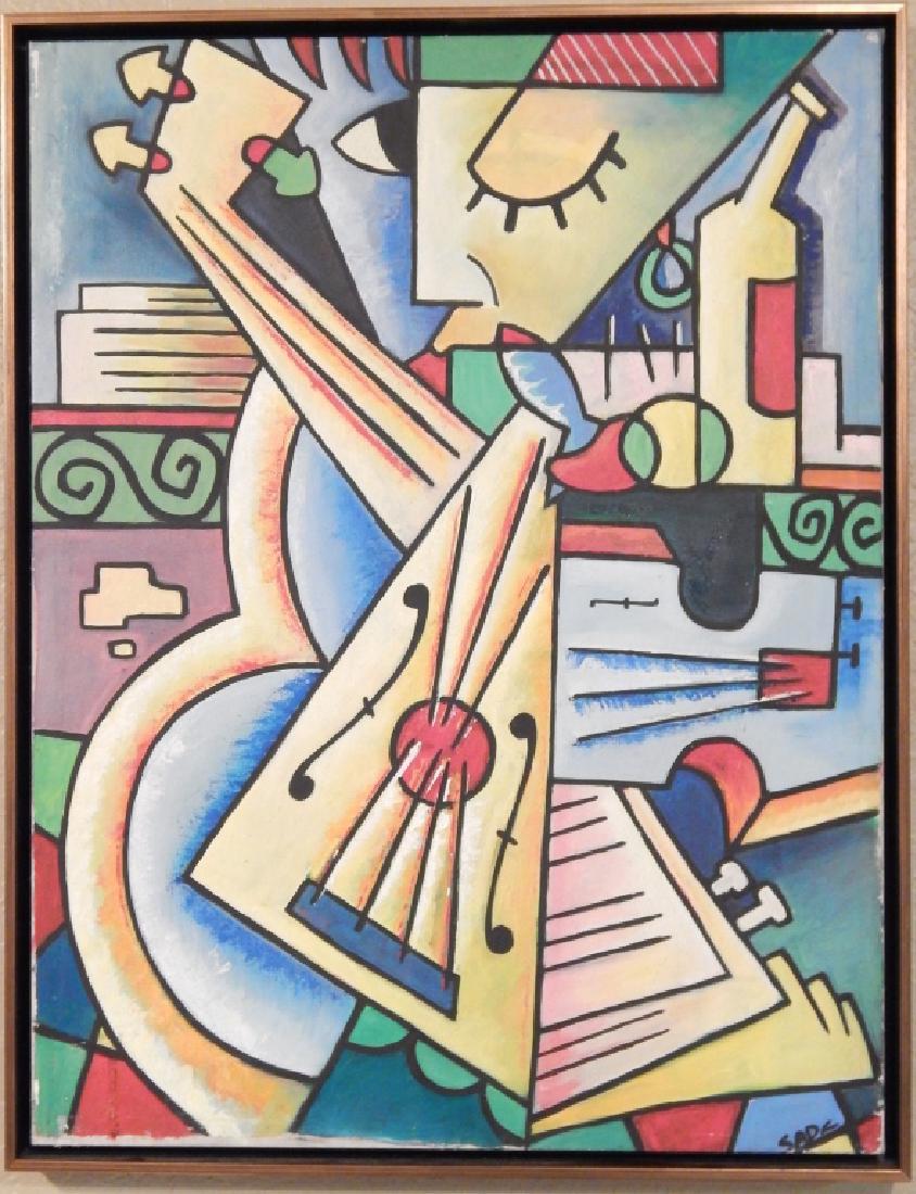 SADE (CUBAN) CUBISM ABSTRACT OIL PAINTING: SADE is known as the Cuban Pablo Picasso. This is a beautiful oil painting on canvas. Measures 32" height by 25" width including frame.