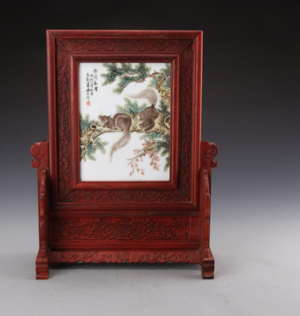 Chinese Famille Rose Table Screen with Rosewood Frame (1 of 3)
