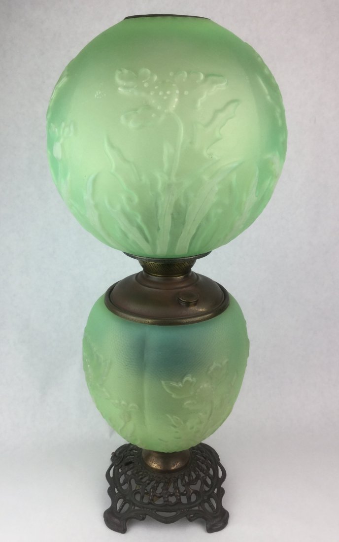 Antique Vaseline Glass Oil Lamp with Ornate Base (1 of 3)