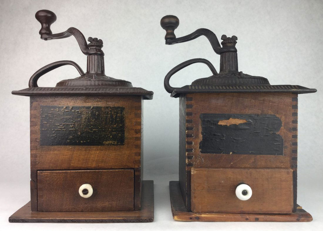 Pair of Antique Oak Coffee Grinders (1 of 2)