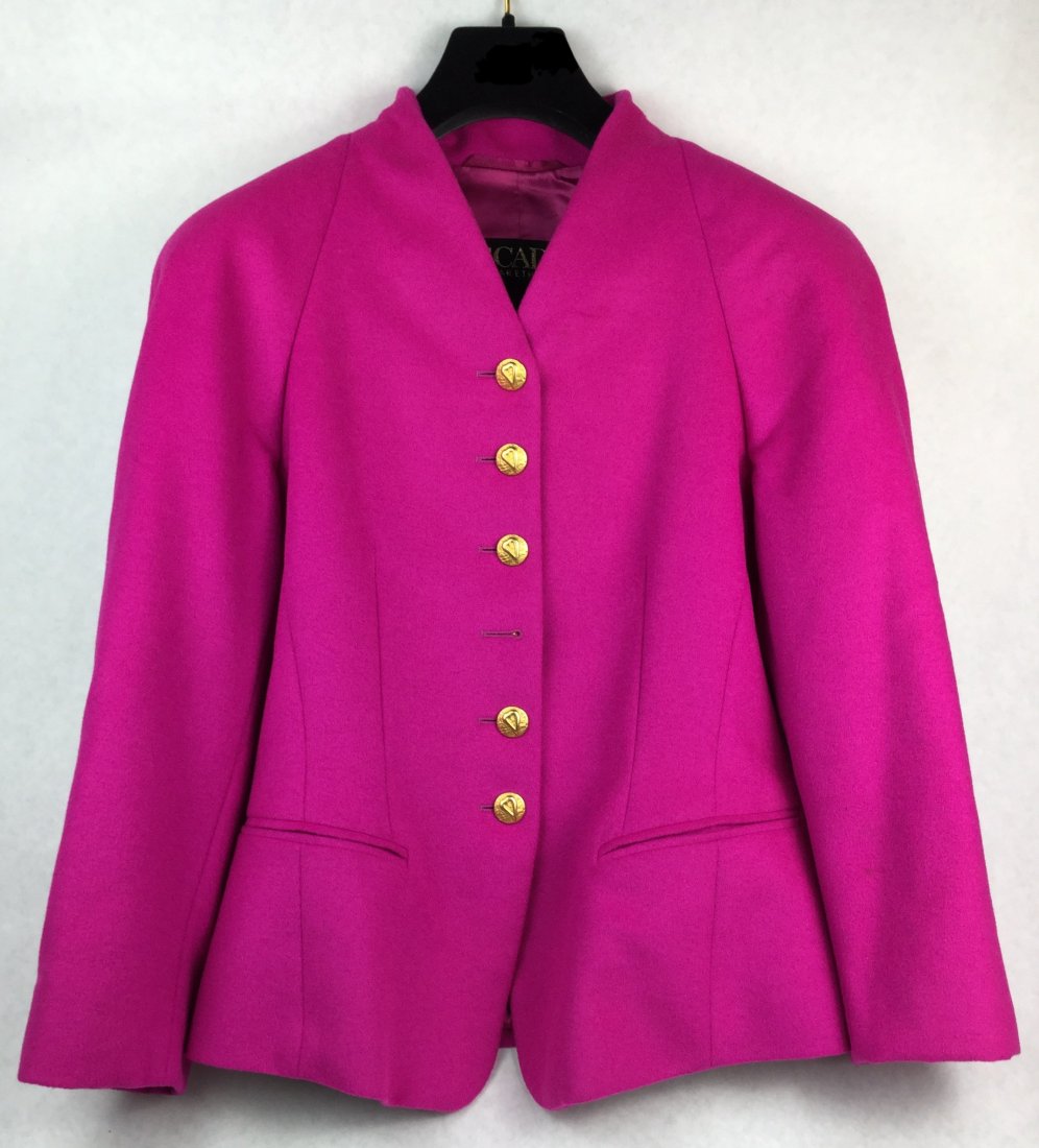 Escada Hot Pink Button Up with Gold Buttons: Gorgeous hot pink ESCADA long sleeve button up designed by Sally E. Burgess. Size 35. Made in Germany.