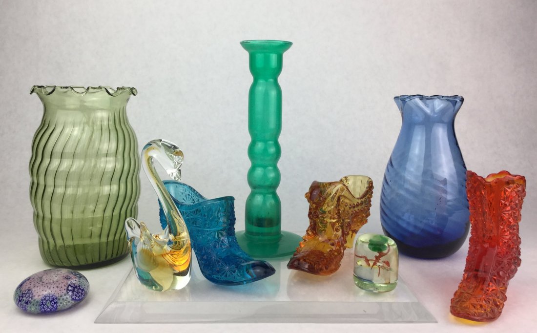 Vintage ART GLASS Collection: Amazing collection of vintage art glass. Lot features 3 Fenton Hobnail boots, green swirl candle stick, Antique murano milefiori glass paperweight, hand blown ruffled green vase and more. Italian, Ame