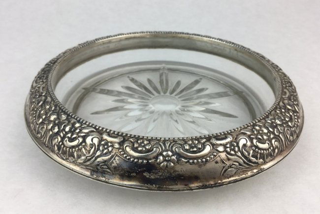 Sterling Silver Wine Coaster Frank M. Whiting Co.: Gorgeous Art Nouveau glass & sterling silver wine coaster by Frank M. Whiting Co. Hallmarked sterling.