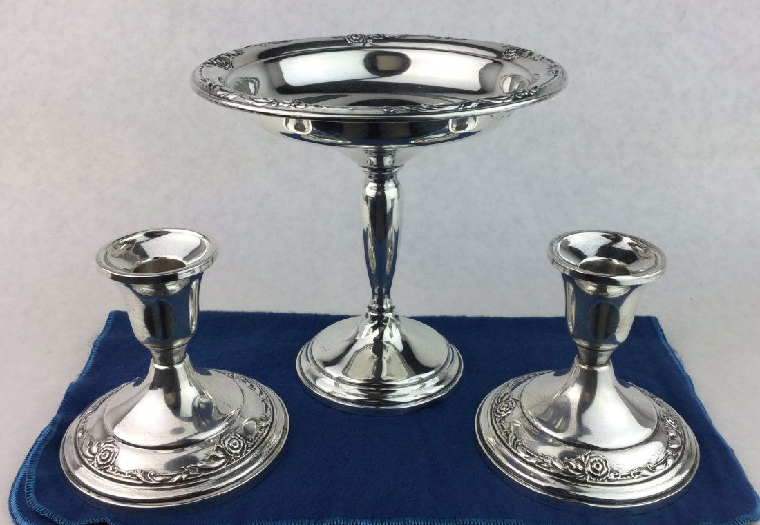 STERLING SILVER Pedestal Bowl & Candle Sticks (1 of 4)