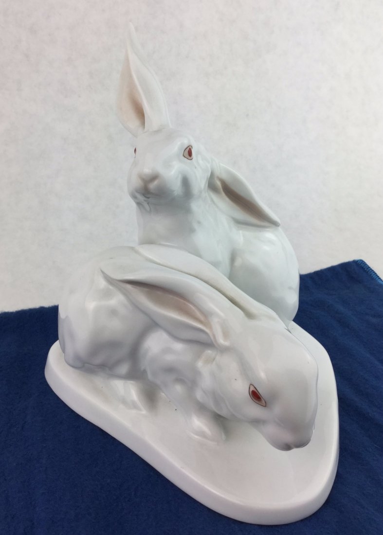 HEREND Hand Painted Porcelain Rabbit's Figurine