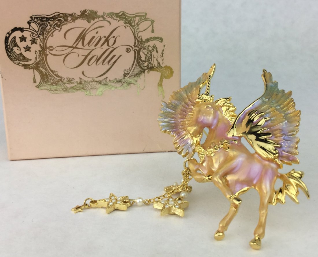KIRKS FOLLY Large Prancing Unicorn Brooch Pin: Kirks Folly Large Prancing Cloud walker Unicorn Pin with Gold tone. Stamped Kirks Folly. Comes with Box.