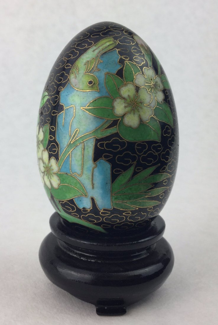 Vintage Cloisonne Egg: Gorgeous black cloisonne egg with black wood stand. Including Stand Measures Approx: 3" Tall.