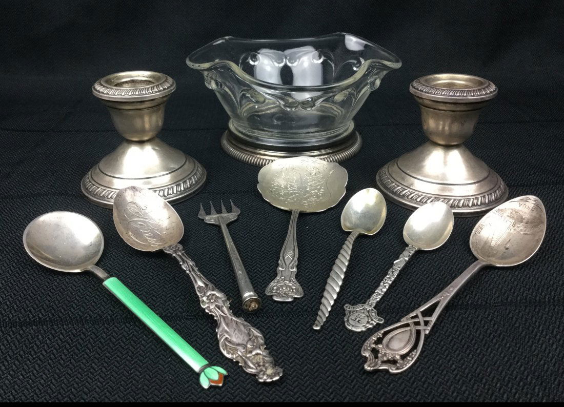 Sterling 925 lot of Spoons, Saucer & Candle sticks (1 of 2)