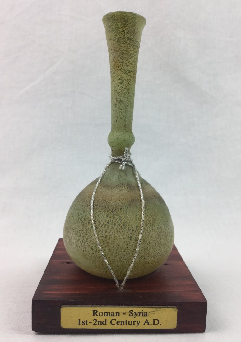 Antique Roman Glass Vase on wood stand (1 of 2)