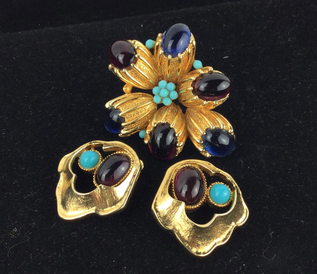 Vintage Jomaz Brooch & Earrings: Vintage Jomaz Brooch & Clip Earrings. Designed by Mazer Brothers. Stamped JOMAZ.