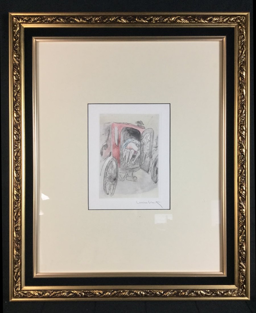 Louis iCart Erotic Etching: Framed Louis Icart Colored Etching Signed by Nathan Daniel Isen "A Handy Carraige". Limited Edition with Certificate signed by artist. Frame Measures: 24" Tall x 20" Wide.