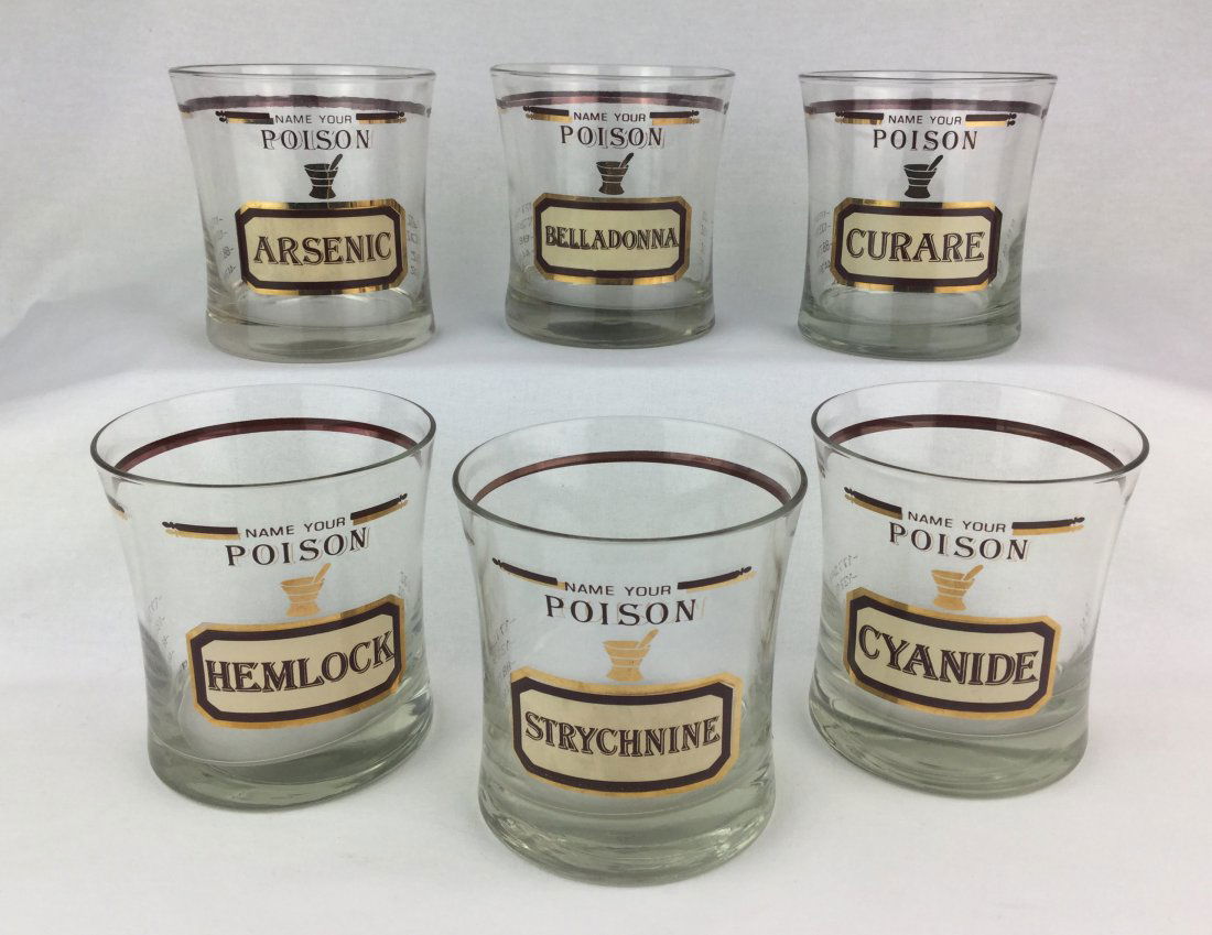 Cera by Neiman Marcus 6 "Name Your Poison" Glasses: Set of 6 Name Your Poison, Whiskey Glasses by Cera, Neiman Marcus. Glasses read: Curare, Hemlock, Arsenic, Cyanide, Belladonna & Strychnine. Awesome vintage graphics with measuring scale. Each Cup Mea
