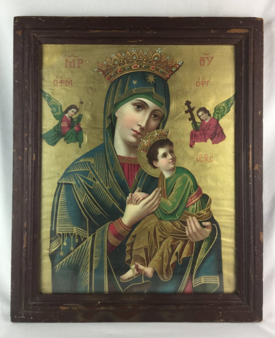 19th Century Gold Leaf Byzantine Hand Painted Icon: Amazing Greek Orthodox Byzantine Icon from 19th Century. Icon is hand painted & gold leafed. Frame Measures: 19" Tall x 15 1/2" Wide. Chip in top left corner of glass.
