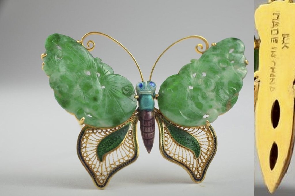 Old Chinese export jewelry gold and jade butterfly (1 of 7)