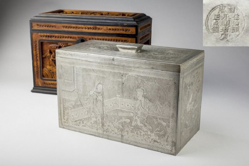 A Chinese Export carved wood tea caddy, (1 of 9)