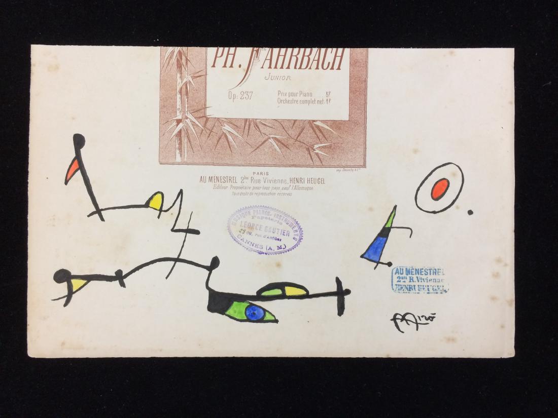 Original Watercolor on Paper Signed ''Miro'' --: Original watercolor composition on a partial sheet of antique sheet music, signed ''Miro'' at bottom right. Composition consists of delicate black line-work, filled out with fields of vibrant color. R