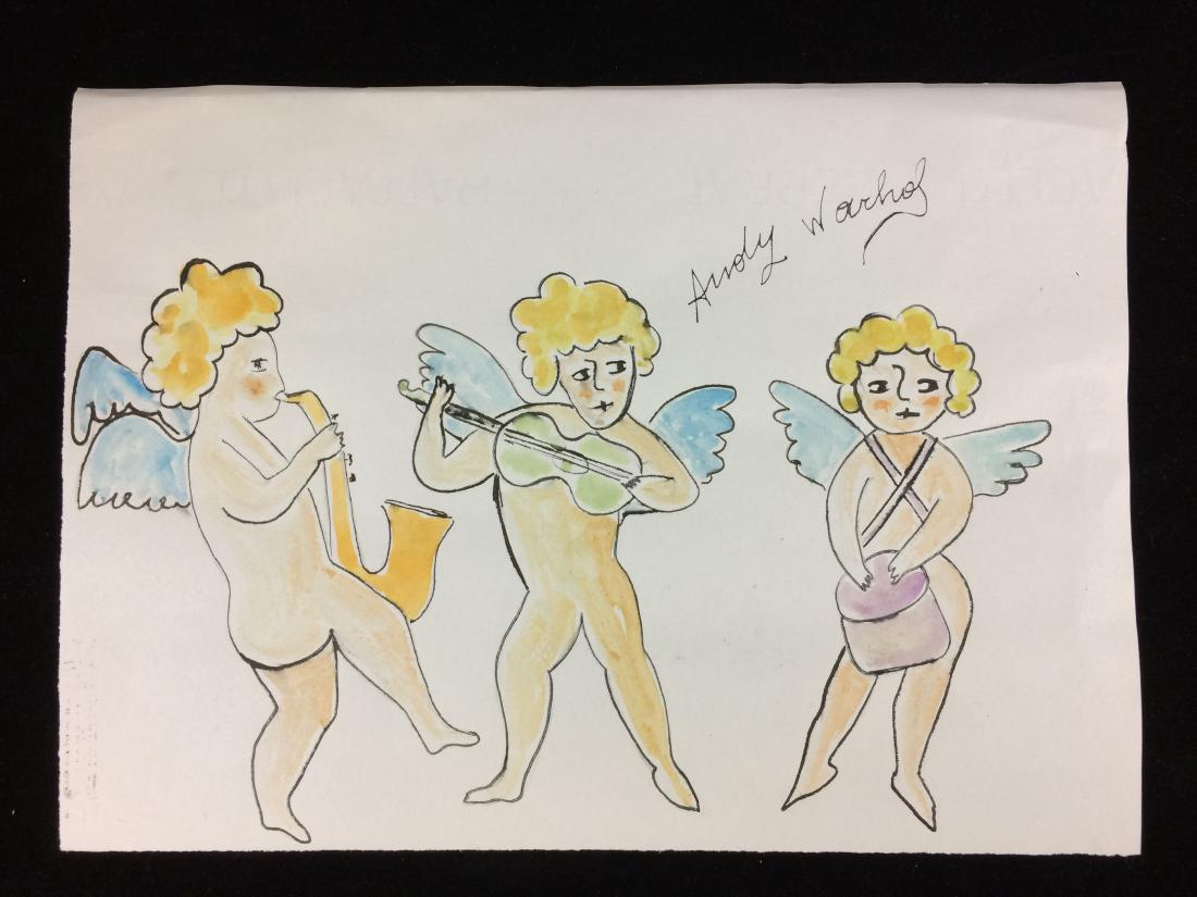 Original Ink and Watercolor on Paper signed ''Andy: Original ink and watercolor drawing on paper signed ''Andy Warhol'' at the upper right. Image shows three cherubic fairies, all nude and playing musical instruments (saxophone, guitar, and drum). Done