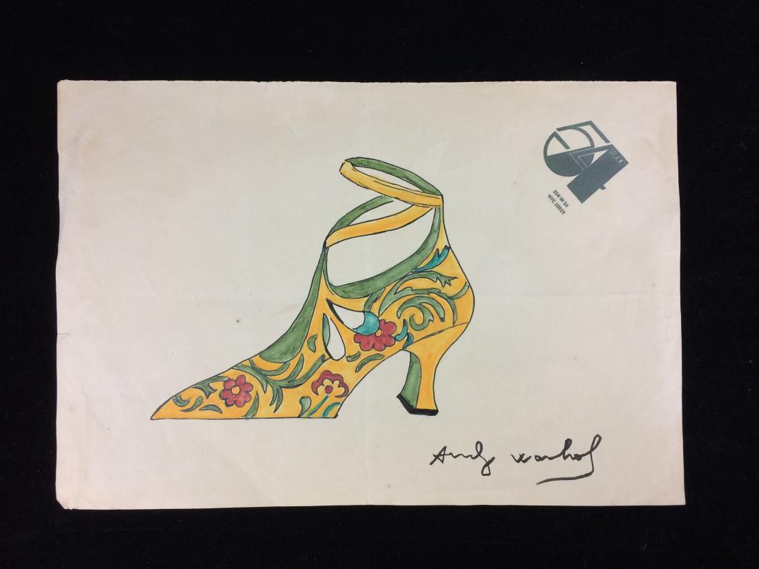 Original Mixed Media on Paper Signed ''Andy Warhol'': Original ink and watercolor on paper signed ''Andy Warhol'' in the bottom center. A vibrant yellow, green and red ladies shoe with a floral pattern done in the Pop Art style of Andy Warhol (American,