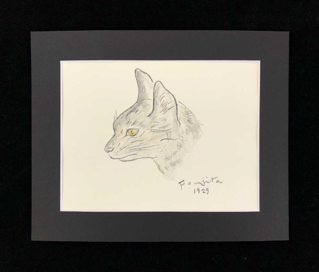 HAND PAINTED Mixed Media on Silk  signed ''Foujita' Cat (1 of 3)