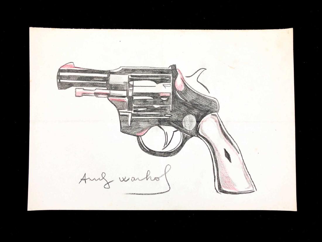 HAND DRAWN Color Pencil on Paper signed ''Andy Warhol'': Original, hand-drawn colored pencil on paper signed 'Andy Warhol' at bottom left.. Image realistically depicts the side view of a small handgun, in the stark Pop Art style of Andy Warhol (American, 19