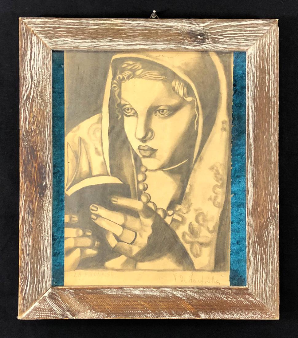 Tamara de Lempicka (Polish,1898-1980) -- HAND DRAWN: This lot consists of a HAND DRAWN graphite illustration on paper, HAND SIGNED 'T de Lempicka' in the lower right and titled 'La Polonaise' at left. Framed image depicts a young woman, wearing a pearl