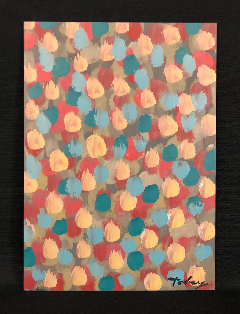 Mark Tobey (American, 1890-1976) -- Hand Painting: HAND PAINTED acrylic on board, done in the Modernist style of American artist Mark Tobey (American, 1890-1976). Hand Signed "Tobey" at bottom right. This piece features a delightfully engaging patchwo