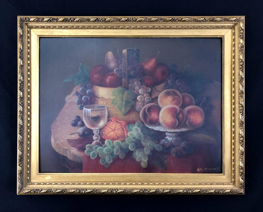 Seth W. Steward (American,1844- 1927) -- Hand Painted: This lot consists of a Hand Painted oil on academy board signed "S.W. Steward" in lower left corner. Image features a wicker basket on a table, overflowing with grapes, apples, pears, plums, and other