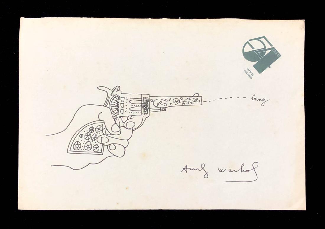 Andy Warhol (American, 1928-1987) -- Hand Drawing: This lot consists of a Hand Drawn Ink illustration on paper, done in the Modern style of Pop Art Artist Andy Warhol (American, 1928-1987). Hand Signed "Andy Warhol" at bottom right. The paper is stamp