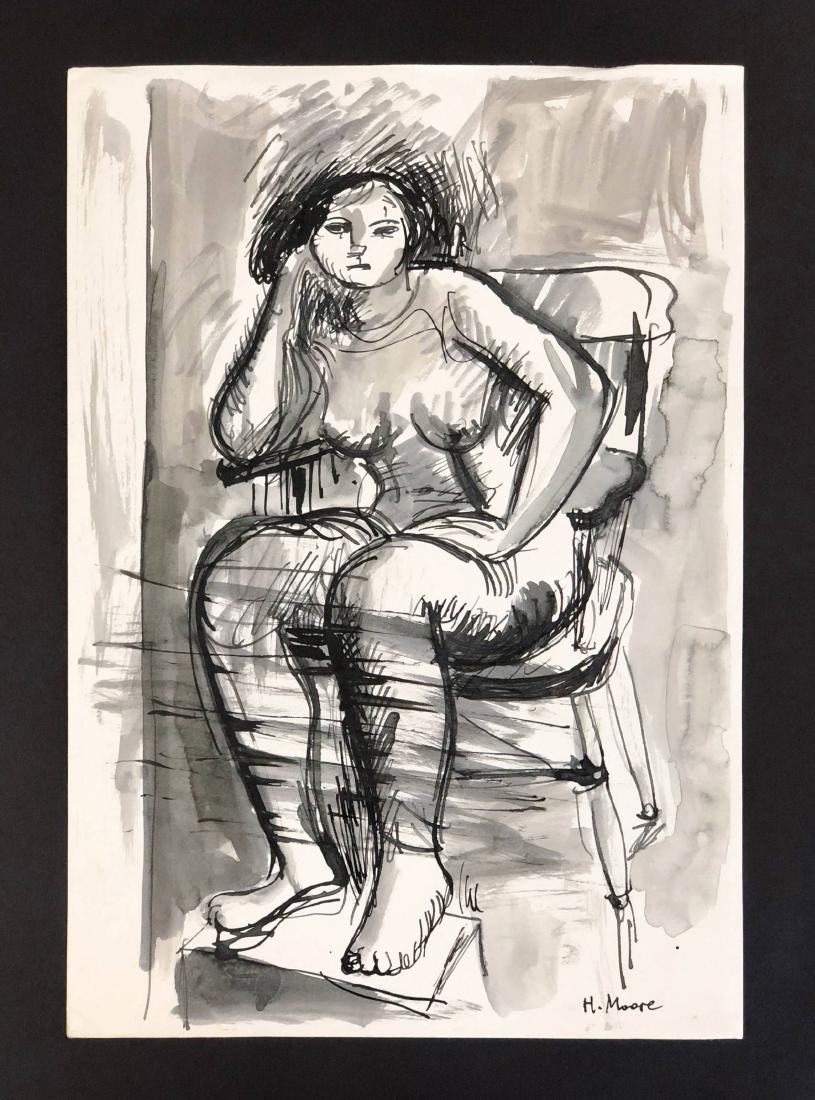 Henry Moore (English, 1898-1986) -- Hand Painted: This lot consists of a Hand Painted Ink and Watercolor on paper, done in the abstract style of Modern artist Henry Moore (English, 1898-1986). Hand Signed 'H. Moore' at bottom right. Image depicts a s