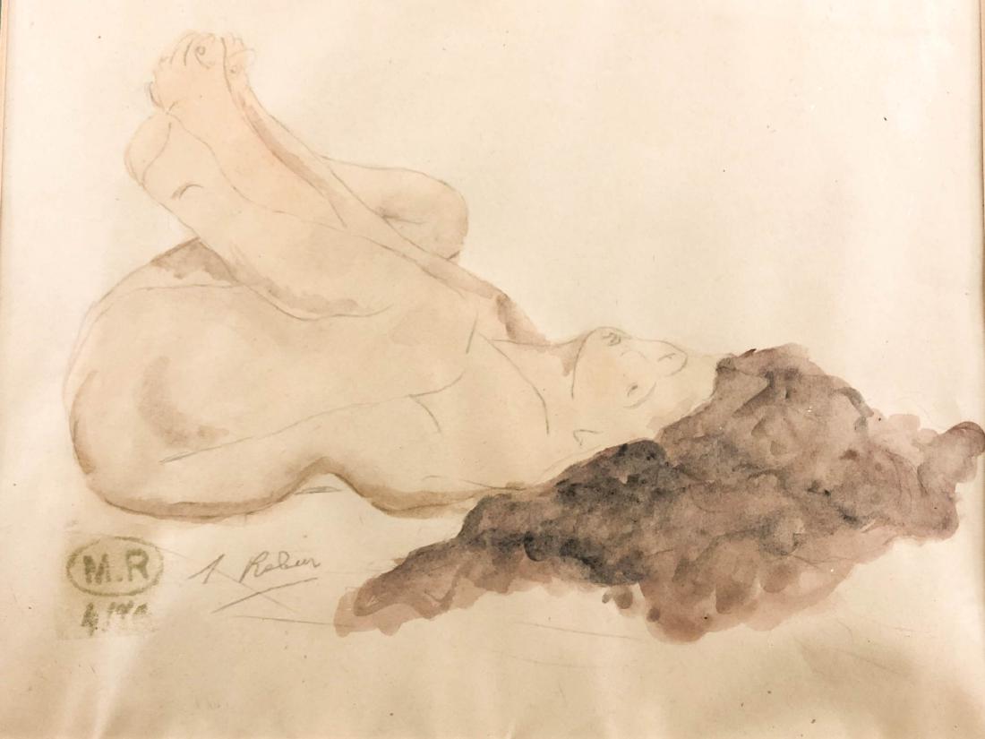 Auguste Rodin (French 1840-1917) Hand Painted: on Paper. pencil signed. Label en verso. Hand Rendered Pencil and Watercolor on Paper Signed "A. Rodin" in the lower left. The image depicts a nude woman laying on her back with her knees to her chest