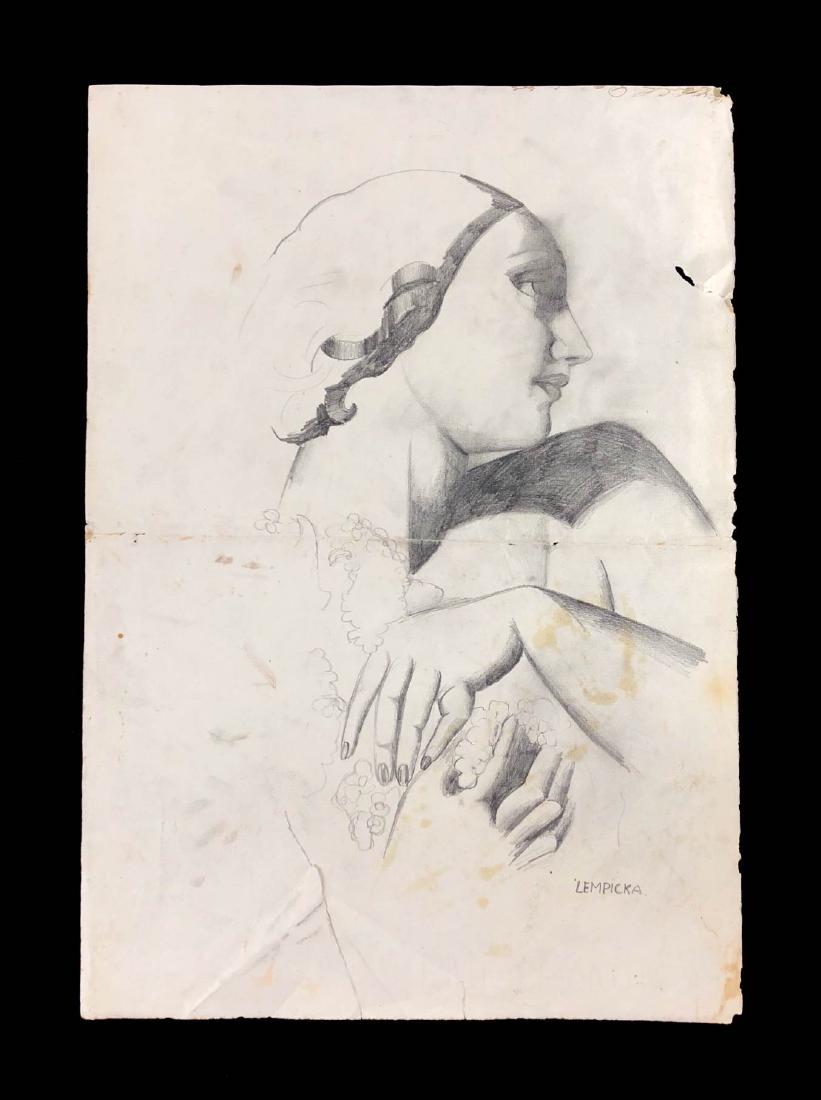 Tamara de Lempicka (Polish, 1898-1980) -- Hand Signed: This lot consists of a hand-drawn graphite illustration on laid paper, signed "Lempicka" at bottom right. Image is a stylized depiction of a beautiful woman in profile, her large eyes upturned. She be