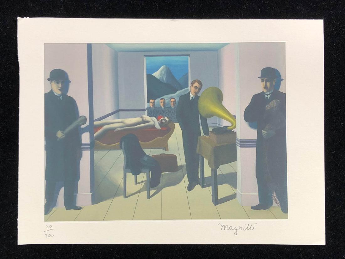 Rene Magritte (Belgian, 1898-1967) -- Hand Signed and: This lot consists of a HAND SIGNED and Numbered fine art print on paper, hand signed 'Magritte' and numbered '20/200'. Image depicts the pale nude figure of a deceased woman who is bleeding gruesomely