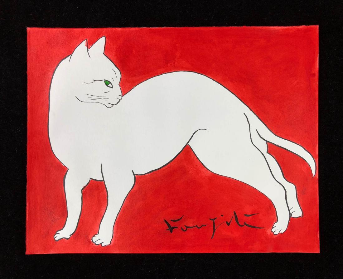 Leonard Tsuguharu Foujita (Japanese,1886 -1968) -- Hand: This lot consists of a HAND PAINTED ink and watercolor on heavy paper, Hand Signed ''Foujita'' in the lower right. The image depicts a white cat with one visible green eye on a crimson red background.