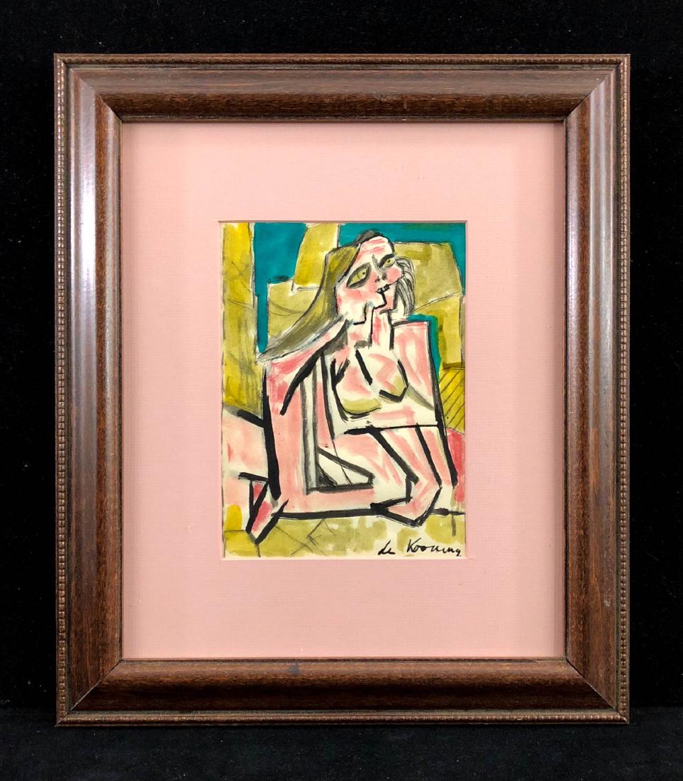 Willem de Kooning (Dutch, 1904 - 1997) -- Hand Painted: This lot consists of a HAND PAINTED Mixed Media on paper Hand Signed "de Kooning" in the lower right. Image depicts a female figure, likely nude while gazing anxiously, rendered in the Expressionist s