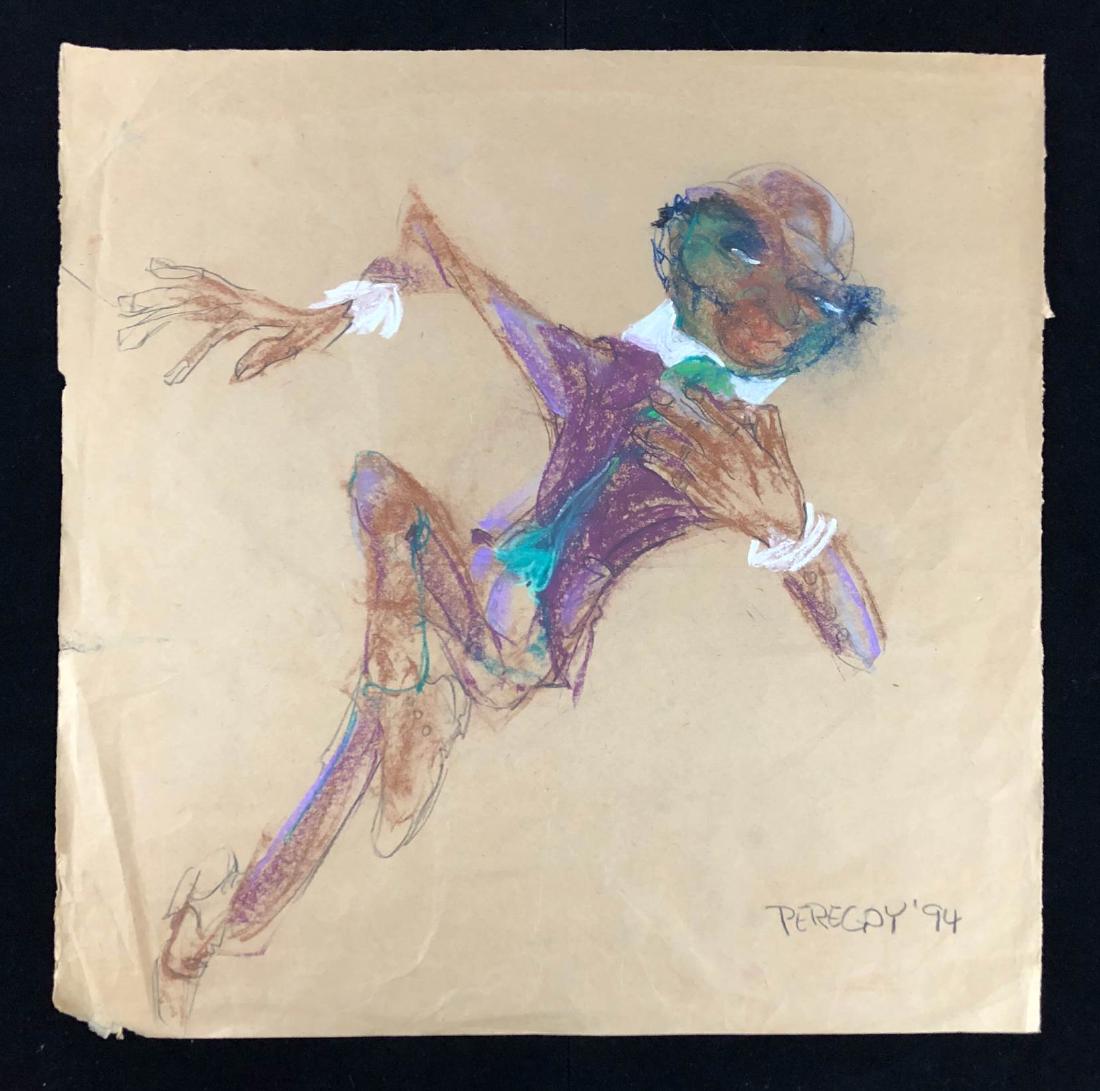 Walter Peregoy (American, 1925-2015) -- Hand Drawn: This lot consists of a hand-drawn crayon illustration on brown paper, signed and dated "Peregoy '94". Image depicts a spry-looking gentleman reclining gracefully in mid-air. His dapper outfit features