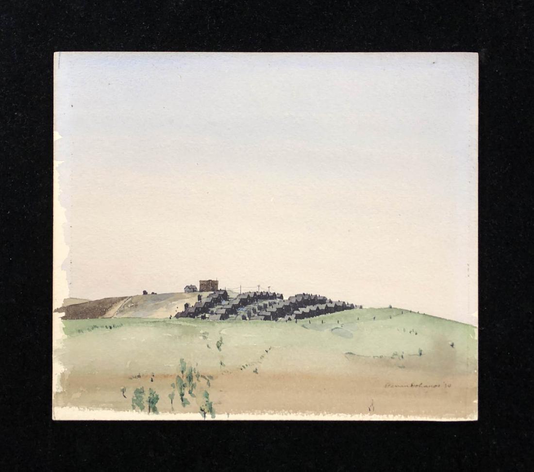 Stevan Dohanos (American, 1907-1994) -- Hand-Signed: This lot consists of a hand-painted watercolor on board signed "Stevan Dohanos" and dated "'34" at bottom right. Image depicts a tiny village nestled into low, rolling hills beneath a wide, clear sky.